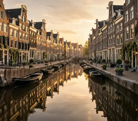 Canal houses reflected in an Amsterdam canal